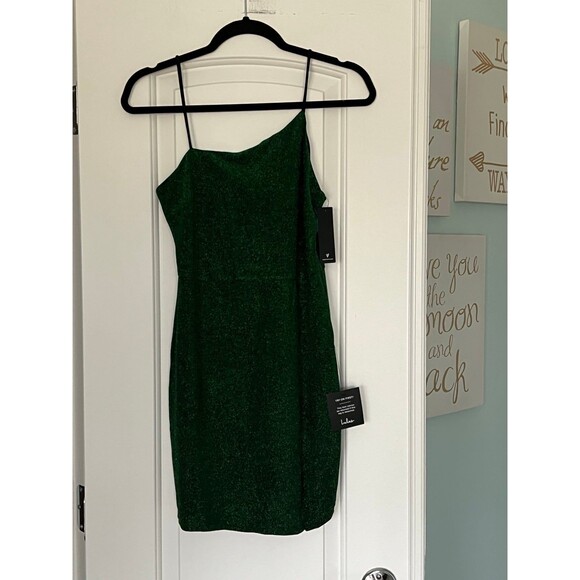 Lulus NWT Shimmery Sensation Emerald Green Sequin Asymmetrical‎ Mini Dress - M - Picture 1 of 7